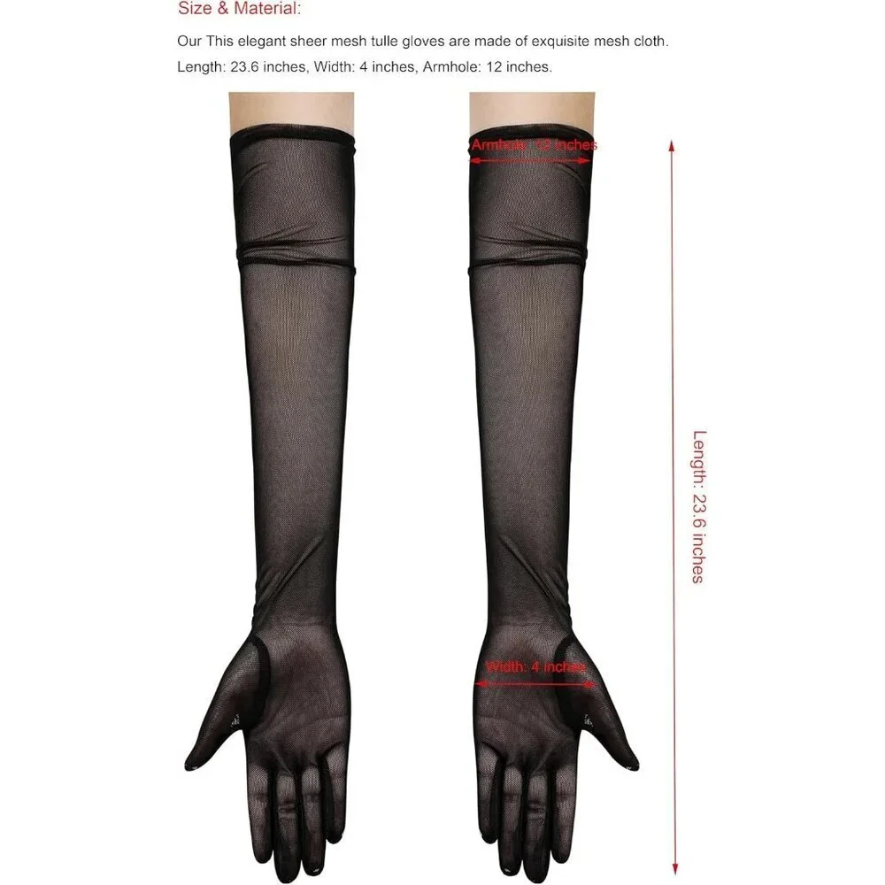 Women's Tulle Mesh Black Long Stretchy Gloves Halloween Party Wedding Costume